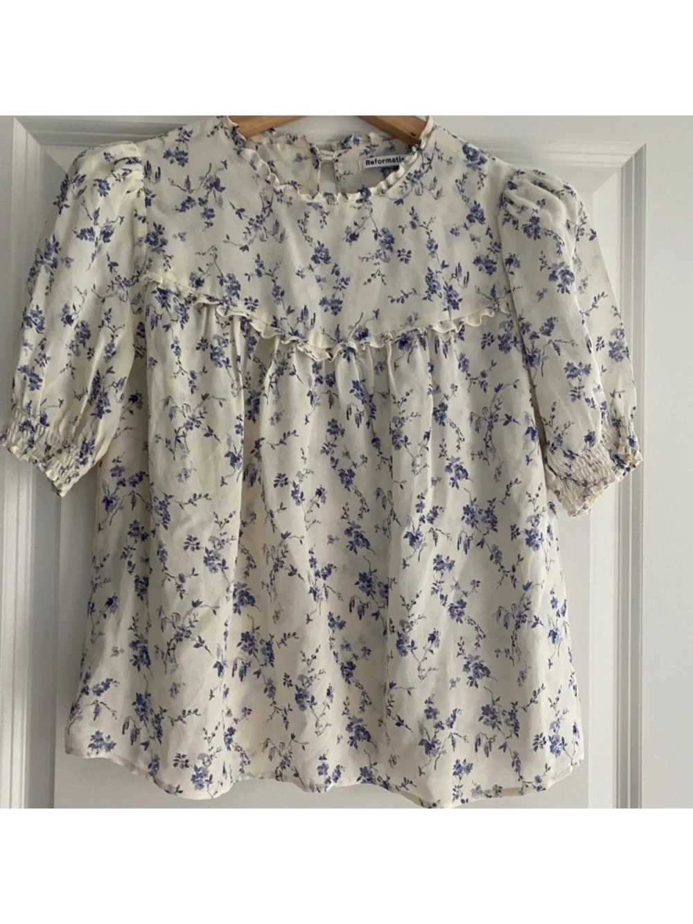 Reformation Cream Blouse with Blue Floral Print and Puff Sleeves